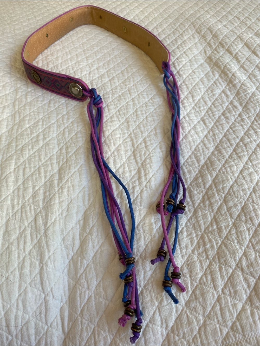 Boho Concho Purple Blue Woven Tapestry Belt Tassels Bead VTG Festival Western M - Picture 10 of 16